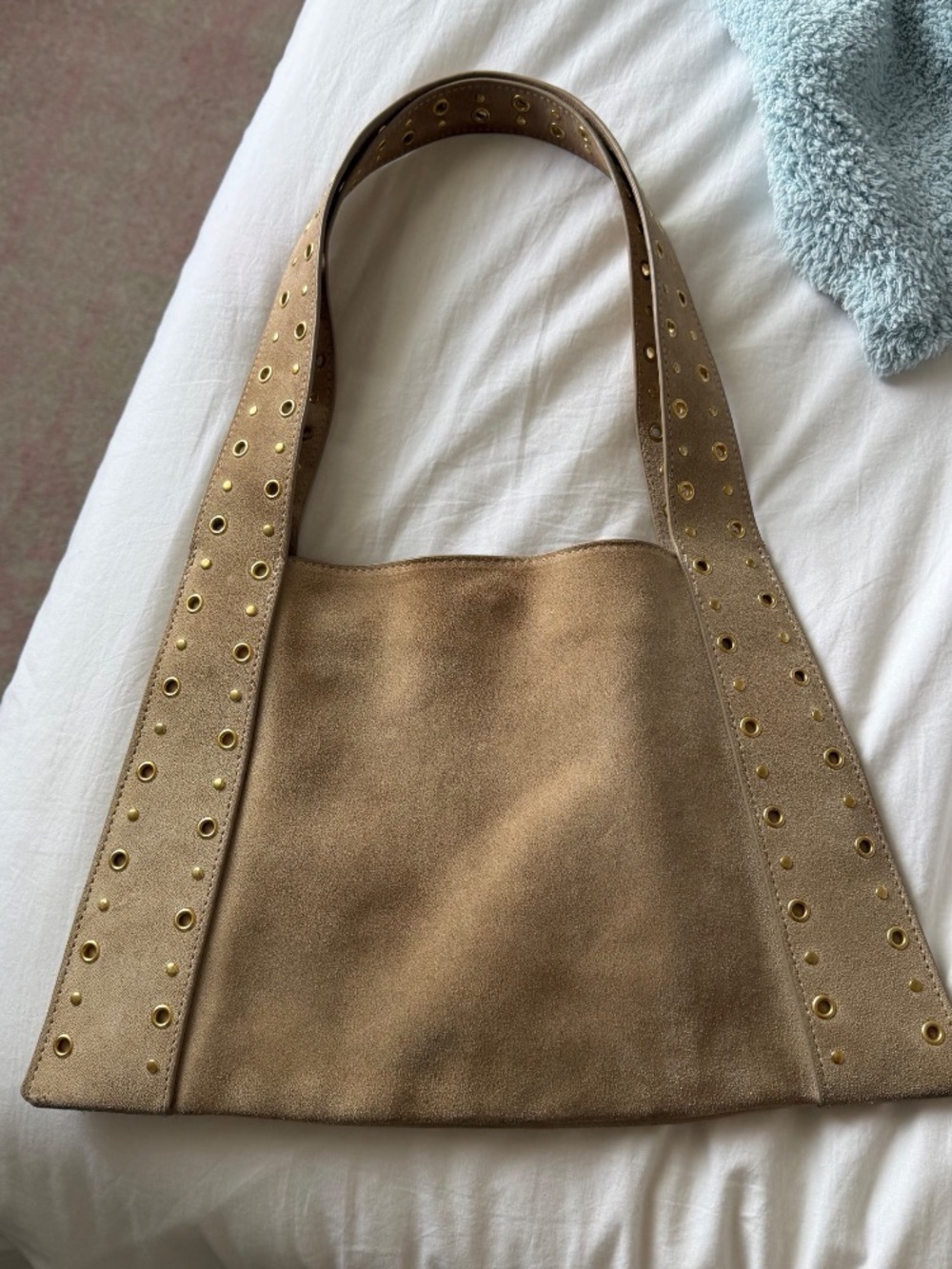 Zara NWT light Taupe 100% genuine Suede Eyelet stud Trim Shoulder Bag - Women